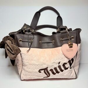 NWOT Vintage Y2K Juicy Couture Daydreamer Tote Bag Pink Velour Brown Leather